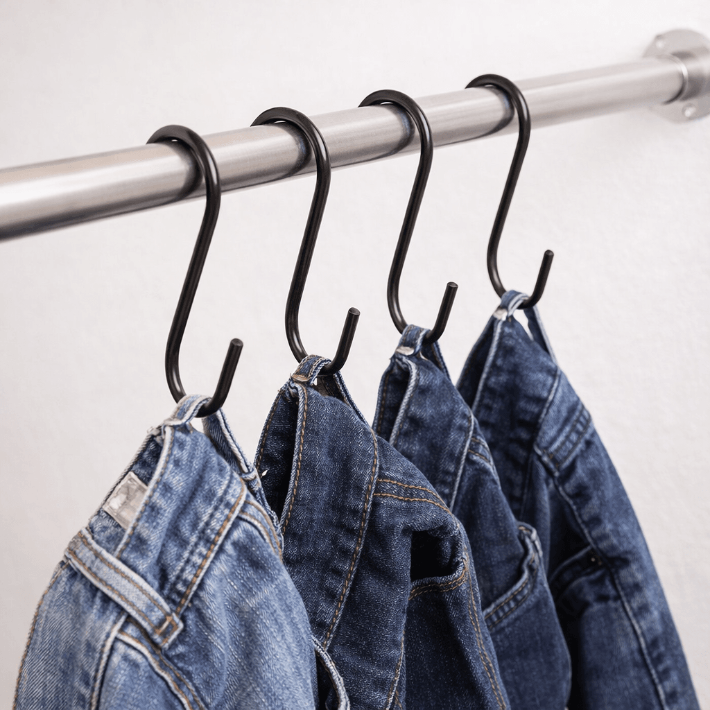 S-formede matte kroge ophængt på metalstang med jeans til butiks- og showroombrug