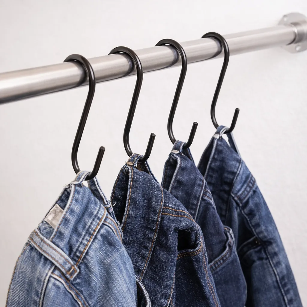 S-shaped matte hooks suspended on metal rod with jeans for store and showroom use