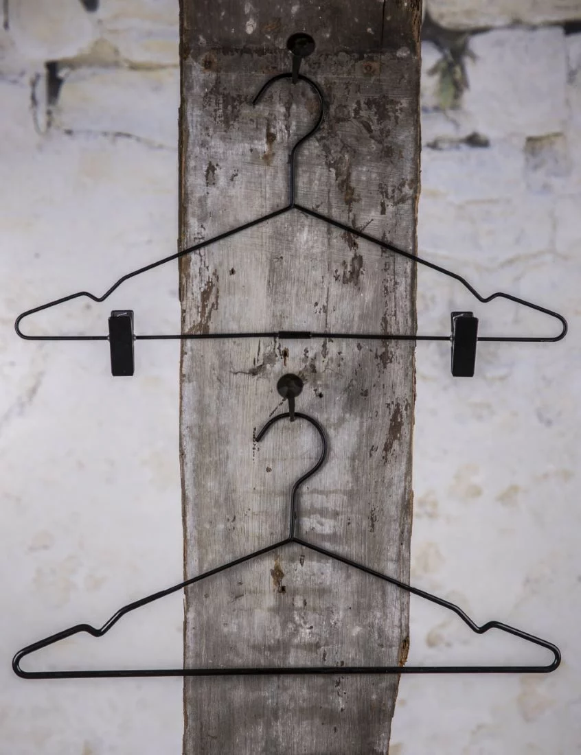 Black metal wire hanger with two clips suspended vertically - Lightweight and functional hanger solution for professional presentation of trousers or skirts in stores and showrooms (hanger)