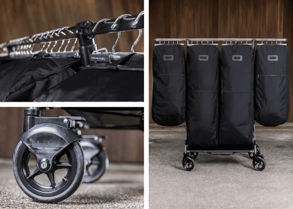 Icon rollender Kleiderbügelständer – Symbol für mobilen Garderobenständer mit Kleidung.