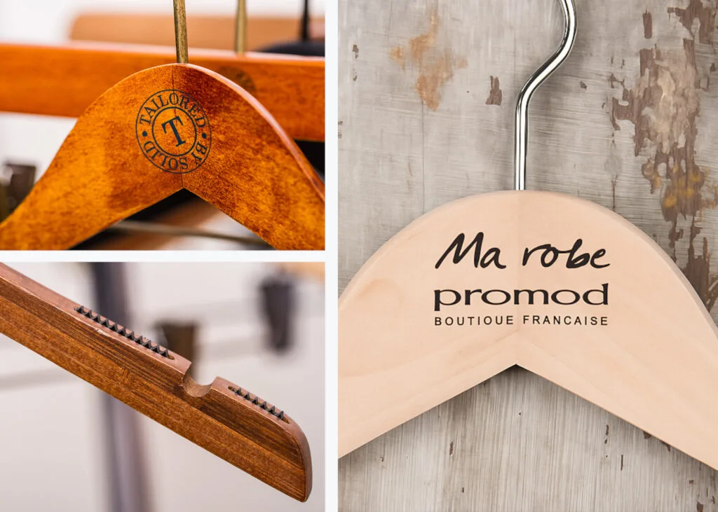 Maßgeschneiderter Bedford Kleiderbügel aus Naturholz mit Logo-Gravur oder individuellem Branding – skandinavisches Design mit 360°-Haken für professionelle Markenpräsentation.