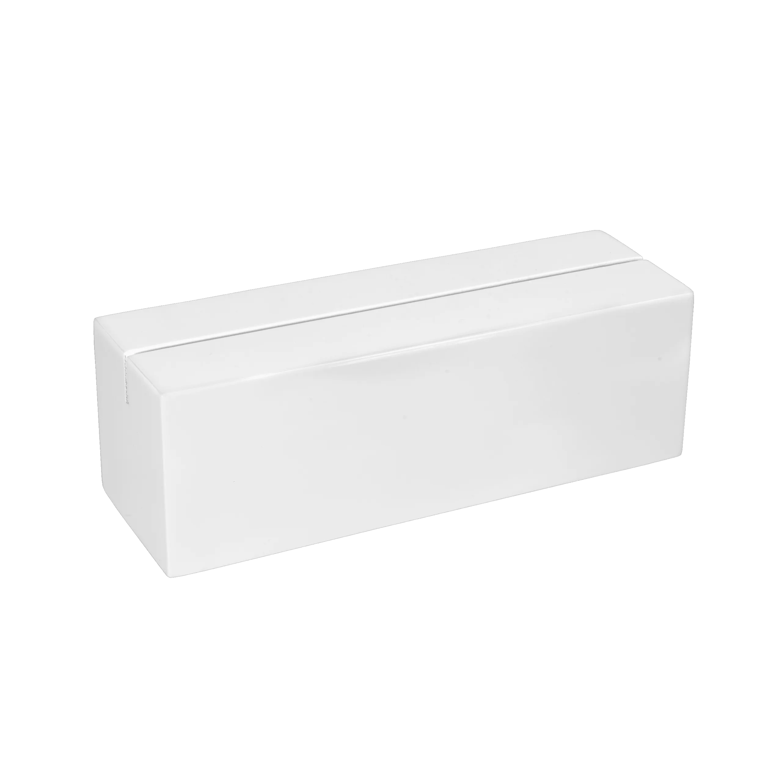 White logo block, rectangular, with smooth surface.