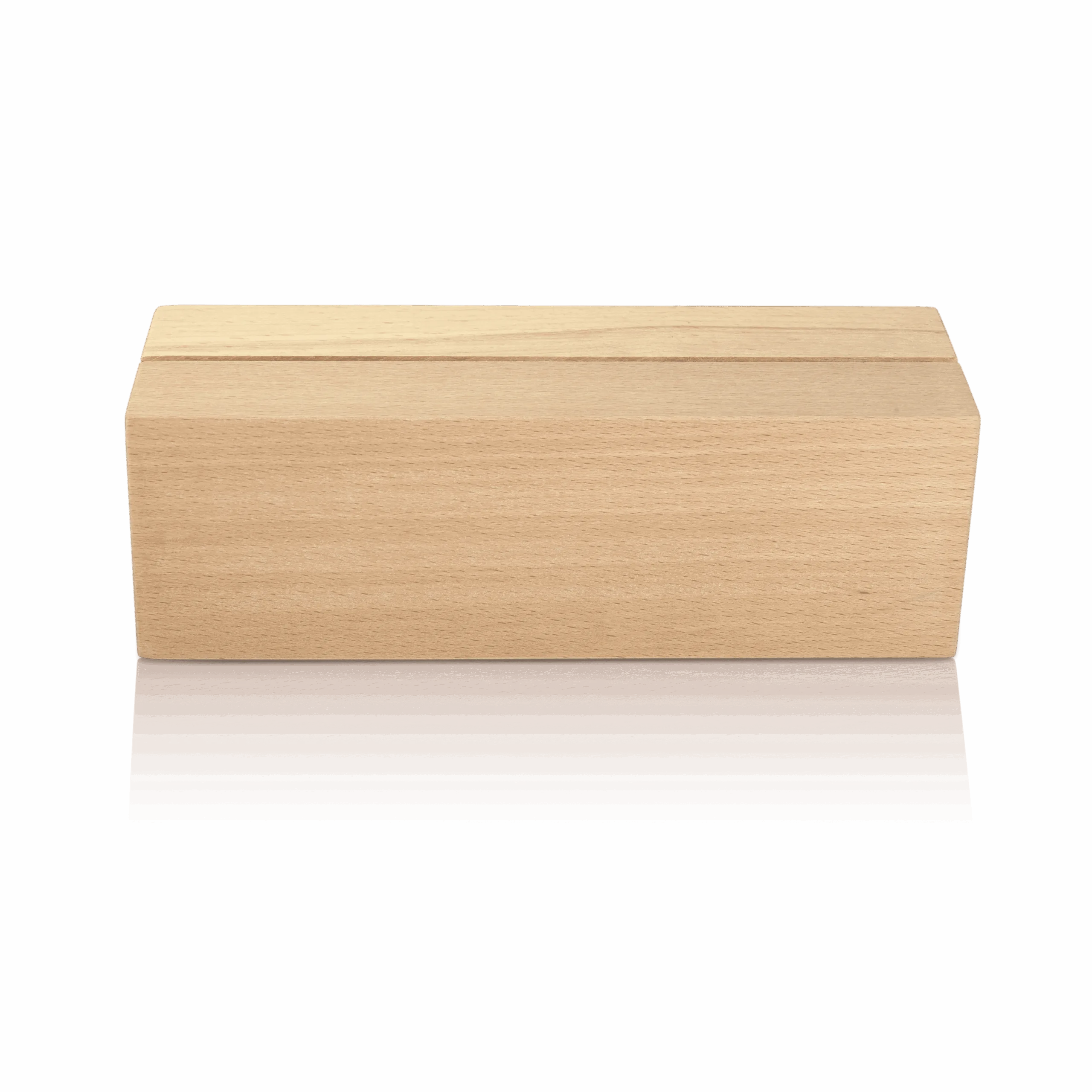 Natural wood logo block seen from the side