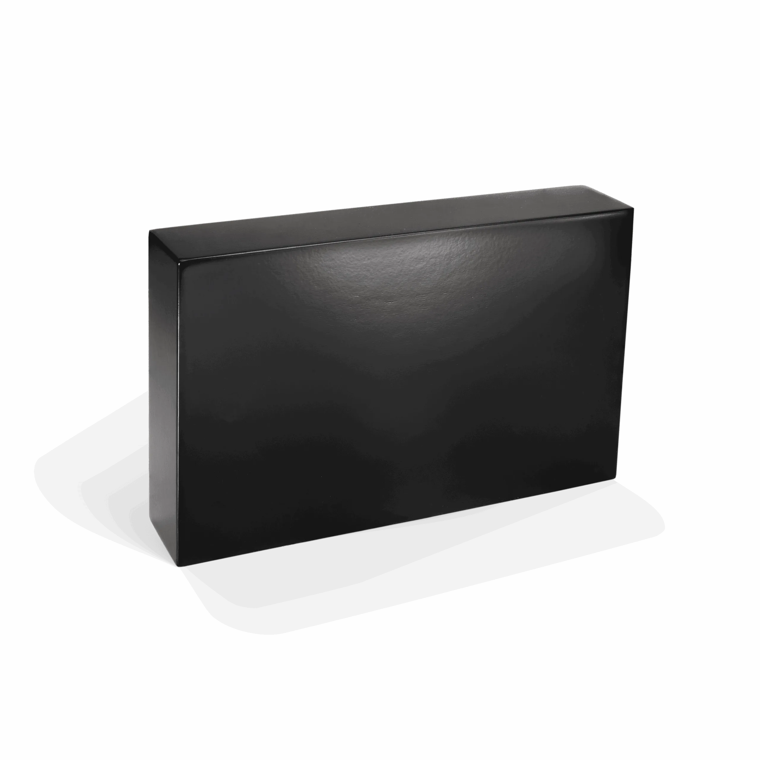 Black logo block with matt lacquered surface, right side view.