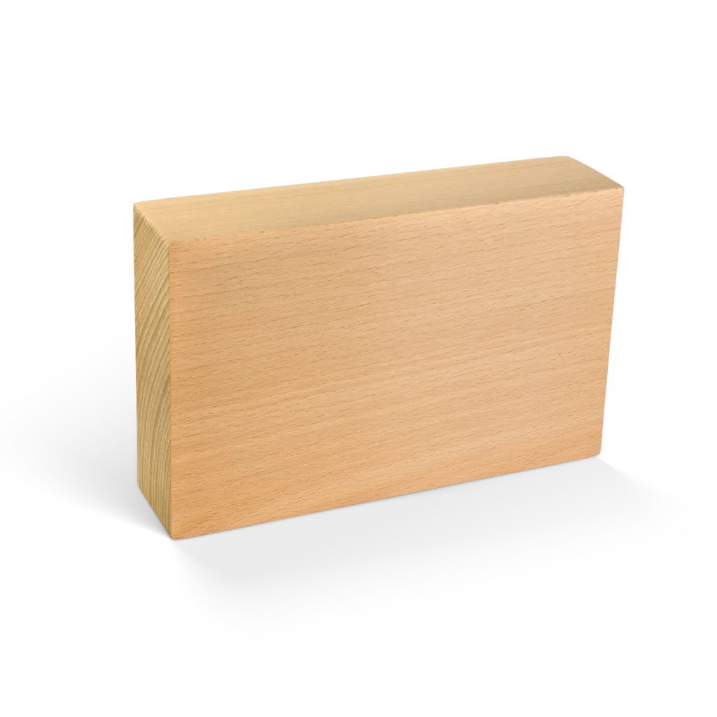 Naturholz-Logoblock von der Seite, mit abgerundeten Ecken.