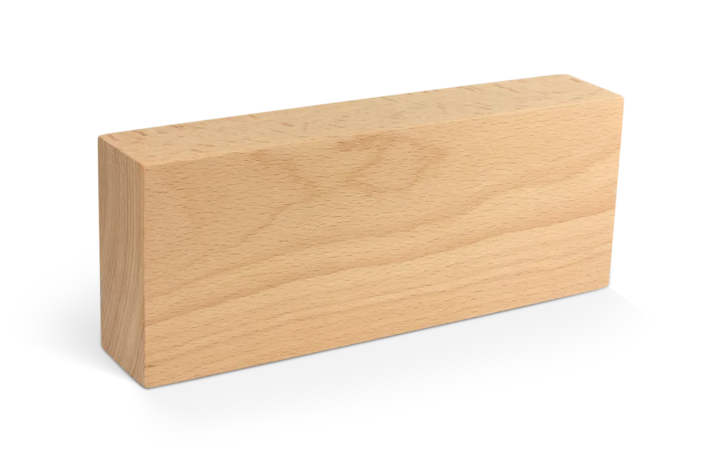 Naturholz-Logoblock von der Seite, mit abgerundeten Ecken.