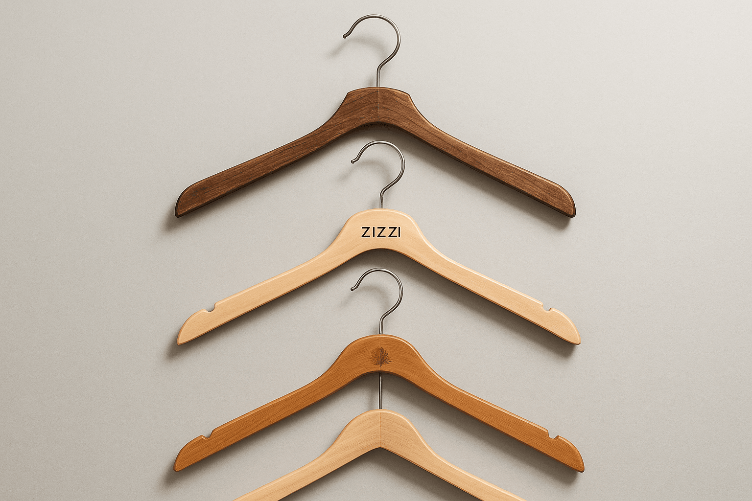 Vier verschiedene Kleiderbügel aus Holz mit unterschiedlichen Oberflächen und Marken, in einer vertikalen Reihe vor einem neutralen Hintergrund präsentiert – zur Veranschaulichung der Oberflächen und Designoptionen der Kleiderbügel für die Ladeneinrichtung.