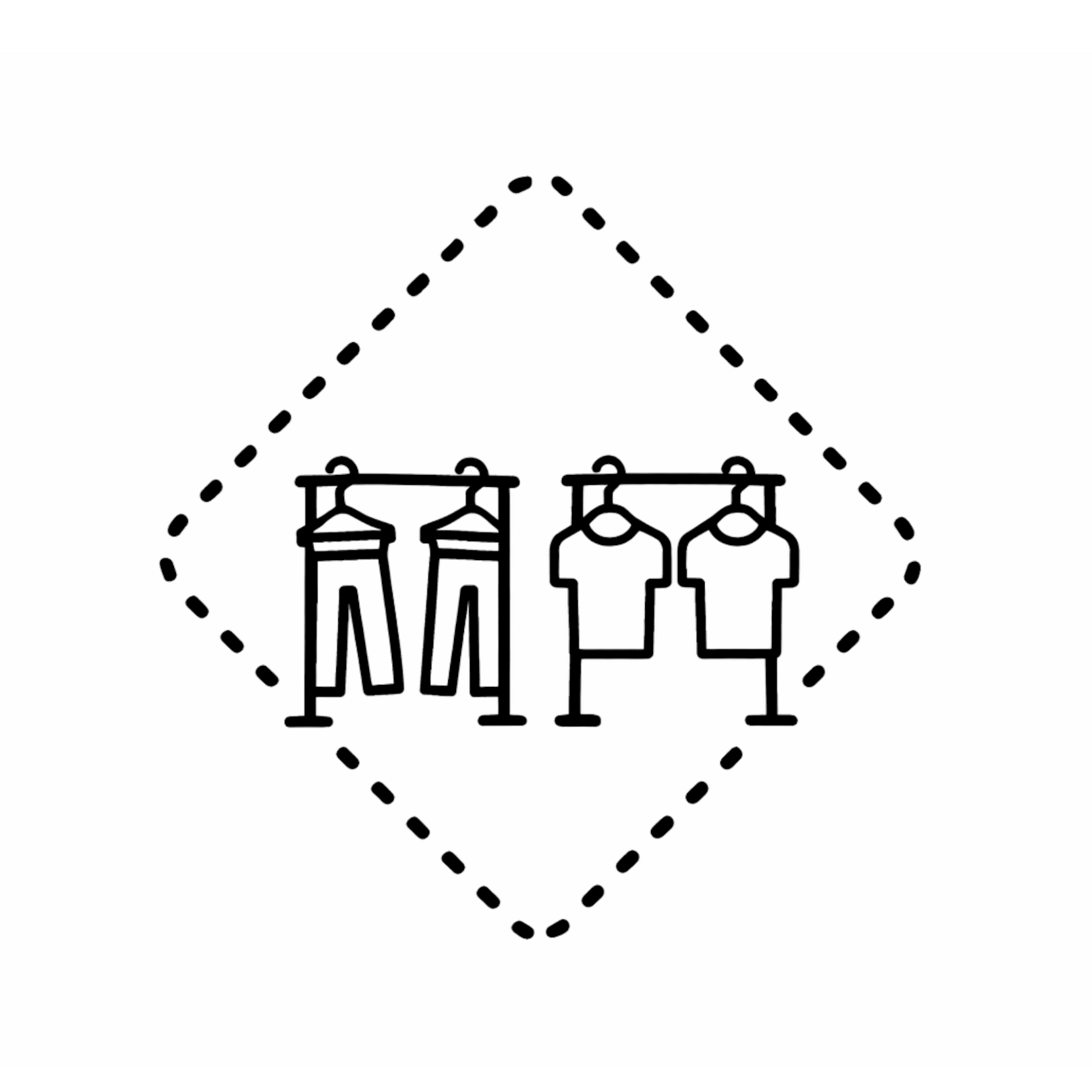 Ikon der illustrerer shop-in-shop løsning med tøjstativer og ophæng til professionel detailindretning